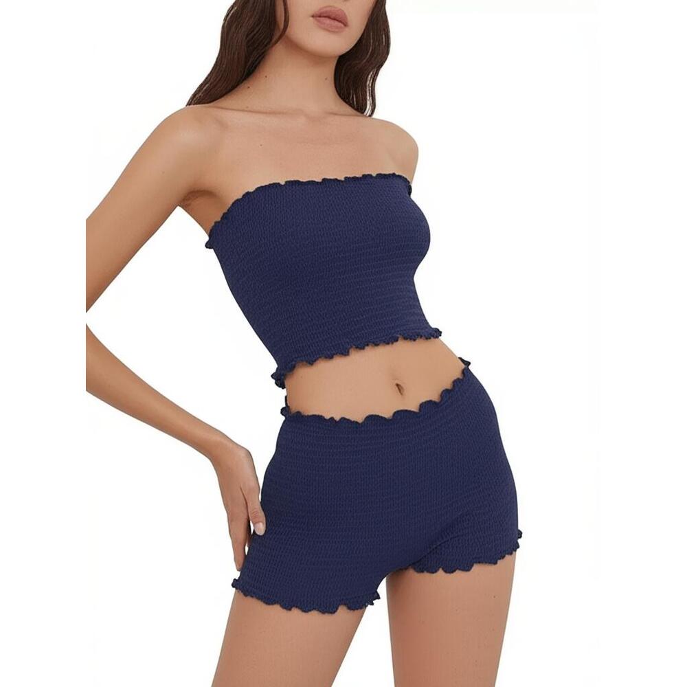 Pink Melo Bandeau Top‎ Womens Size S Dark Blue Smocked Ruffle Strapless Y2K
